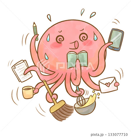 マルチタスクで目を回しているタコのキャラクター　水彩イラスト 133077710