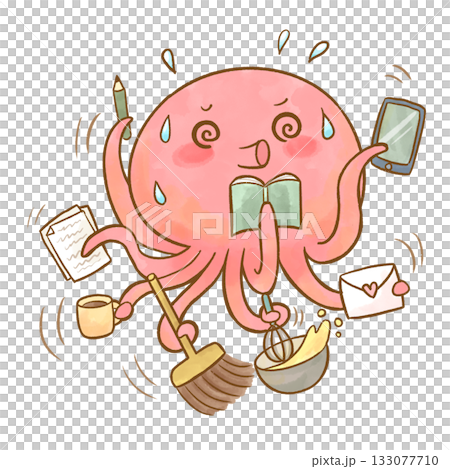 マルチタスクで目を回しているタコのキャラクター　水彩イラスト 133077710