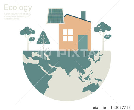 House with solar panels and tree on globe, Green city life ecology concept. Vector design illustration. House with solar panels and tree on globe, Green city life ecology concept. Vector design illustration. 133077718