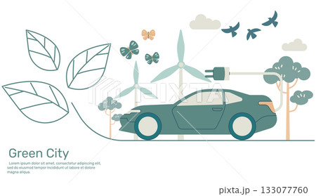 Electric Sport car on line leaf Green city with ecology earth nature conservation. Vector design illustration. Electric Sport car on line leaf Green city with ecology earth nature conservation. Vector design illustration. 133077760