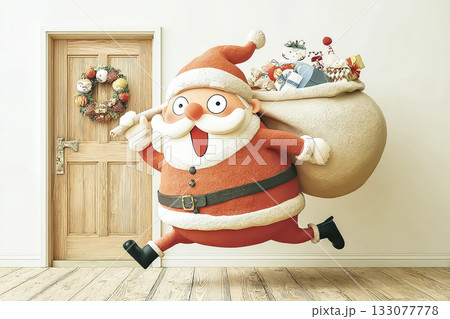 見つかってビックリする大きなプレゼント袋を背負ったサンタ 見つかってビックリする大きなプレゼント袋を背負ったサンタ 133077778