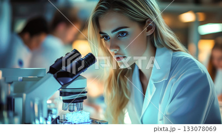 A scientist woman working hard to learn new things in a science lab. Generative Ai. 133078069