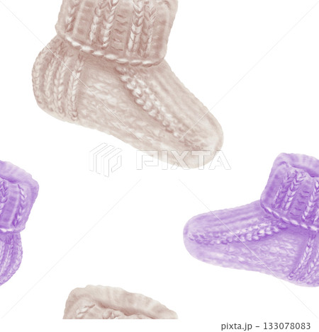 Beige and purple knitted socks in seamless pattern for World Prematurity Day awareness.Watercolor illustration for baby products,charity projects,medical campaigns,supportive social media content 133078083