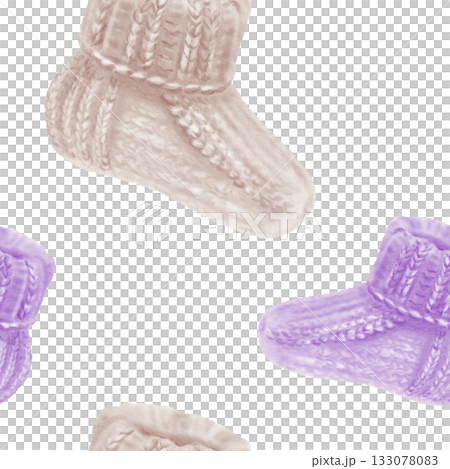Beige and purple knitted socks in seamless pattern for World Prematurity Day awareness.Watercolor illustration for baby products,charity projects,medical campaigns,supportive social media content 133078083