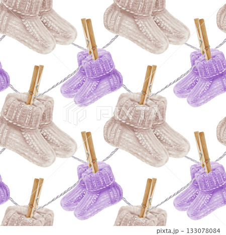 Tiny purple and beige knitted socks on a clothesline symbolizing premature babies birth.Watercolor illustration for World Prematurity Day awareness,neonatal support campaigns,heartfelt charity Tiny purple and beige knitted socks on a clothesline symbolizing premature babies birth.Watercolor illustration for World Prematurity Day awareness,neonatal support campaigns,heartfelt charity 133078084