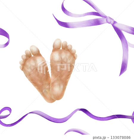World Prematurity Day in seamless pattern of purple ribbons with bows and premature baby feet.Watercolor pattern for medical campaigns,charity projects,baby products,supportive social media content 133078086