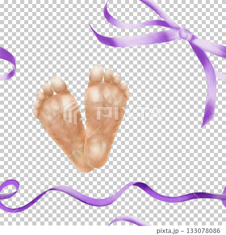World Prematurity Day in seamless pattern of purple ribbons with bows and premature baby feet.Watercolor pattern for medical campaigns,charity projects,baby products,supportive social media content 133078086