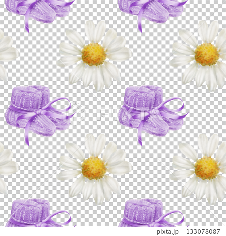 Symbol of World Prematurity Day-Purple knitted socks with ribbon,chamomile flowers symbolizing purity and childhood innocence.Watercolor seamless pattern for charity projects,social media 133078087