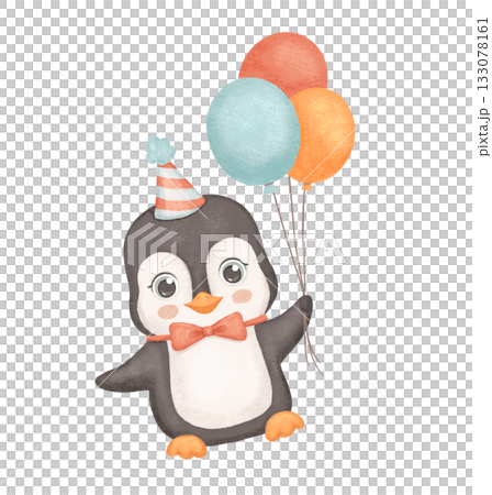 Penguin in party hat with balloons. Cute animal isolated on white background. Childish watercolor illustration Penguin in party hat with balloons. Cute animal isolated on white background. Childish watercolor illustration 133078161
