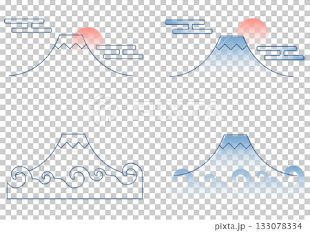 一套以新年為主題的日式設計圖案:日出、海浪、吉祥的雲朵和富士山。 一套以新年為主題的日式設計圖案:日出、海浪、吉祥的雲朵和富士山。 133078334