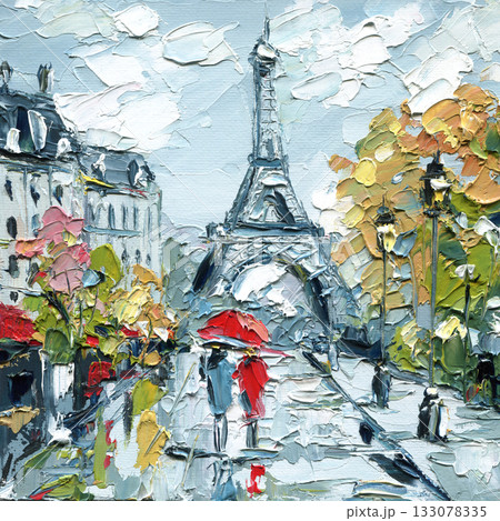 Paris street Eiffel Tower rainy day couple under red umbrella textured palette knife city landscape art, Impasto oil painting  133078335