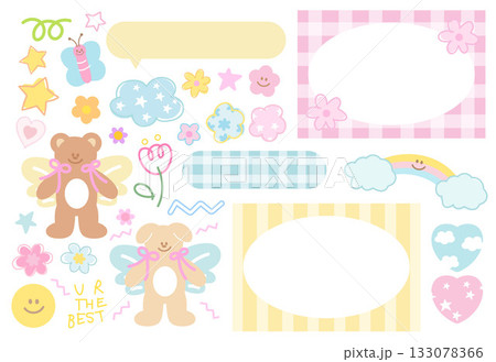 Cute pastel decorations with puppy, teddy bear, butterfly, rainbow, flowers, frames for animal, polaroid photo, ad template, banners, stickers, nature, garden, floral print, cartoon characters, mascot 133078366
