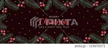 merry christmas card with fir twig and holly berry border decoration vector illustration merry christmas card with fir twig and holly berry border decoration vector illustration 133078371