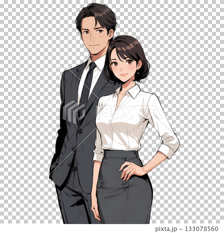 スーツ姿の男女会社員（白背景・アニメ調） 133078560
