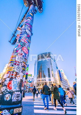 日本の東京都市景観新時代へ…インバウンドとシールの共存…朝日が差し込む交差点、出勤、外国人…防犯カ 133078601