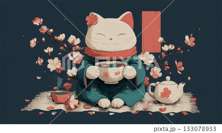 桜の花に囲まれてお茶を飲む、着物を着た猫のキャラクターイラスト。 133078933