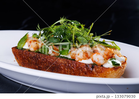 Delicious shrimp toast on rye bread: a healthy breakfast Delicious shrimp toast on rye bread: a healthy breakfast 133079030