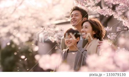春の桜の咲く公園で花見をする家族 春の桜の咲く公園で花見をする家族 133079130