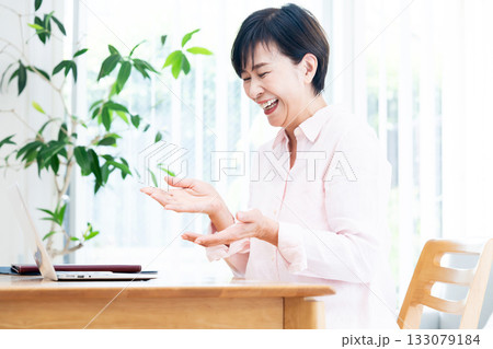 リビングでテレワークするミドルの女性 133079184