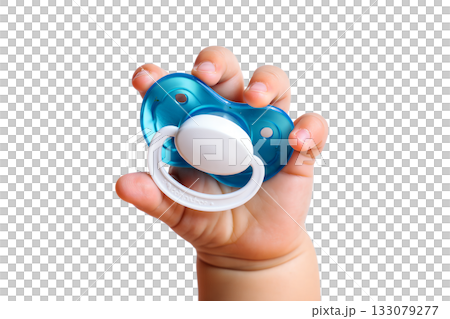 Newborn baby's small hand holding single blue pacifier, symbolizing infancy, parenthood isolated on transparent background Newborn baby's small hand holding single blue pacifier, symbolizing infancy, parenthood isolated on transparent background 133079277