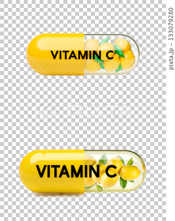 Transparent vitamin c capsule filled with fresh lemon slices and juice, illustrating natural health supplements and immunity boost 133079280