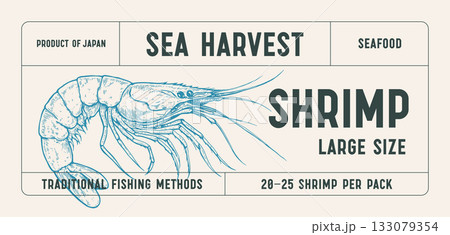 Shrimp, seafood, sketch. Vintage print, seafood shrimp prawn sketch, ink pencil drawing prawn, engrave sketch, hand drawn prawn. Tag packaging, label product. artwork shrimp. Vector Illustration 133079354