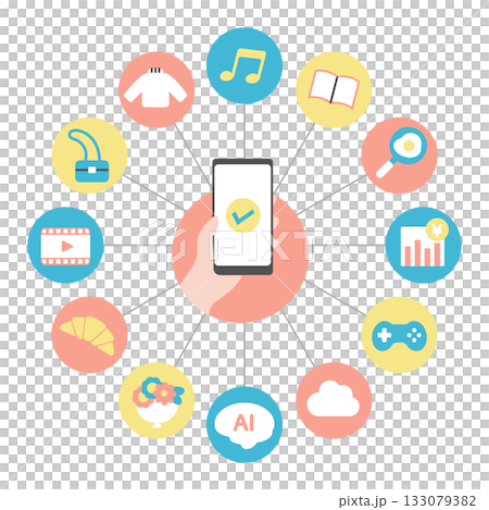 スマートフォンとアプリケーションのアイコンイラスト ネットワーク 繋がりのイメージ スマートフォンとアプリケーションのアイコンイラスト ネットワーク 繋がりのイメージ 133079382