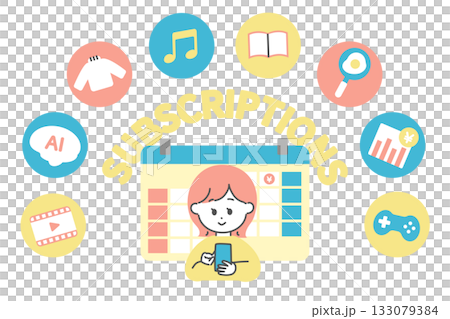 A young woman using various subscriptions, apps, and services. A young woman using various subscriptions, apps, and services. 133079384