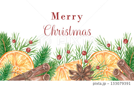 Watercolor Christmas horizontal banner. Winter border of fir branches, with slices of orange, berries, cinnamon, and anise. Hand-drawn illustration. Perfect for banners, postcard templates 133079391
