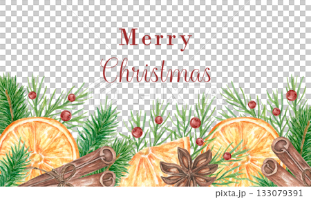 Watercolor Christmas horizontal banner. Winter border of fir branches, with slices of orange, berries, cinnamon, and anise. Hand-drawn illustration. Perfect for banners, postcard templates 133079391