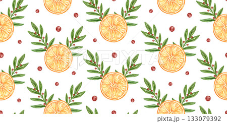 Seamless holiday pattern with oranges, red berries, green twigs. Plants and fruits in the shape of a Christmas deer. Watercolor Christmas design for wrapping paper, packaging, textiles, seasonal decor Seamless holiday pattern with oranges, red berries, green twigs. Plants and fruits in the shape of a Christmas deer. Watercolor Christmas design for wrapping paper, packaging, textiles, seasonal decor 133079392