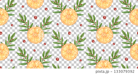 Seamless holiday pattern with oranges, red berries, green twigs. Plants and fruits in the shape of a Christmas deer. Watercolor Christmas design for wrapping paper, packaging, textiles, seasonal decor Seamless holiday pattern with oranges, red berries, green twigs. Plants and fruits in the shape of a Christmas deer. Watercolor Christmas design for wrapping paper, packaging, textiles, seasonal decor 133079392
