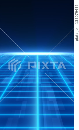 Futuristic glowing blue grid floor extending into dark space horizon Futuristic glowing blue grid floor extending into dark space horizon 133079453