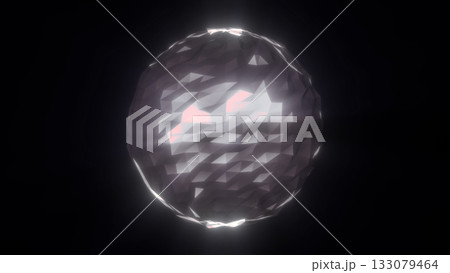 Radiant white glowing crystal sphere with faceted polygonal surface, emitting light in a dark abstract background 133079464