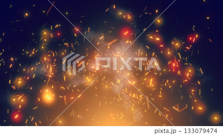 Glowing fire embers and sparks rising through smoke in a dark, atmospheric scene Glowing fire embers and sparks rising through smoke in a dark, atmospheric scene 133079474