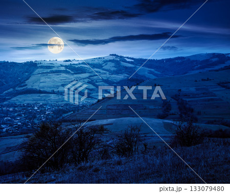 countryside mountain landscape in autumn at night. alps in full moon light. beautiful place. scenery with forest on rolling hills. beauty in nature and rural sustainability concept 133079480