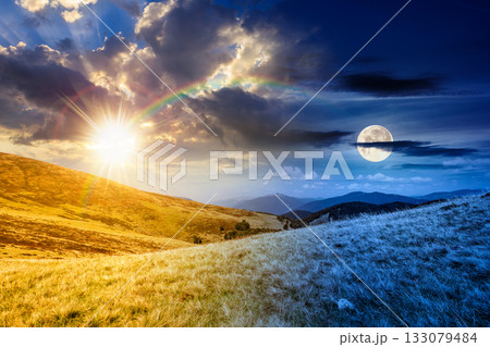 landscape with grassy meadow of ridge. day and night time change concept. mountain scenery on summer solstice with sun and moon at twilight. travel background. nature duality and transition template landscape with grassy meadow of ridge. day and night time change concept. mountain scenery on summer solstice with sun and moon at twilight. travel background. nature duality and transition template 133079484