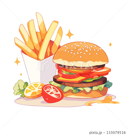 ハンバーガーとフライドポテト ハンバーガーとフライドポテトのイラストのイラスト素材 [133079516