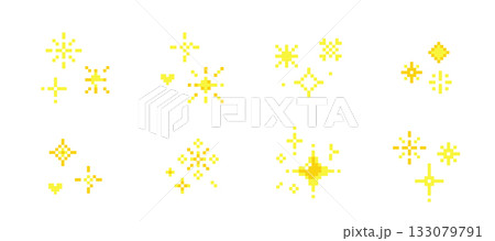 Pixel set sparks, retro game stars, whimsical y2k 8 bit elements. Glittering sparkles, fireworks 90 s aesthetics. Collection Sparkling stars pixel art. 133079791