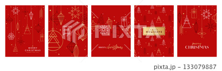 Red Christmas poster set, gold hanging baubles greeting card Red Christmas poster set, gold hanging baubles greeting card 133079887