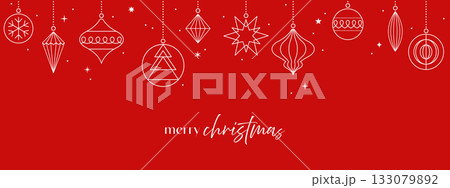 Christmas ball card, hanging ornament border, red background 133079892