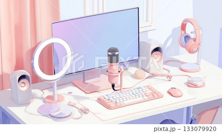 モニターとマイクがあるかわいい配信部屋イラスト モニターとマイクがあるかわいい配信部屋イラスト 133079920