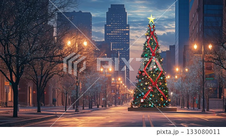 クリスマスムードのイルミネーションと町並み クリスマスムードのイルミネーションと町並み 133080011