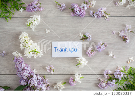 Flower frame of white and purple lilac with gratitude Flower frame of white and purple lilac with gratitude 133080337