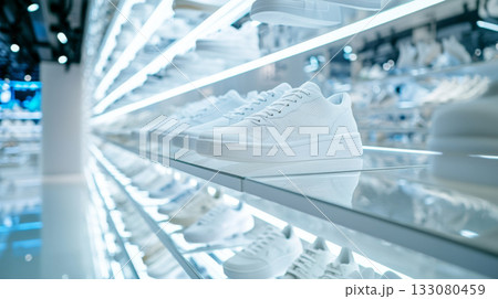 Stylish Sneakers Displayed on Illuminated Store Shelves 133080459