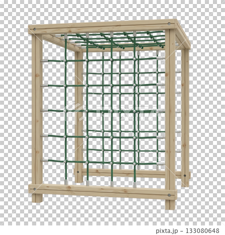 Wooden climbing cube with green rope net for children's playground and outdoor activity 133080648