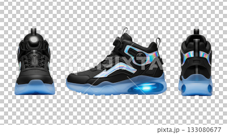 Futuristic black sneakers with holographic details and glowing blue sole in multiple views Futuristic black sneakers with holographic details and glowing blue sole in multiple views 133080677
