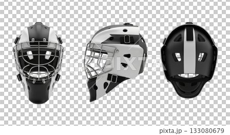 Ice hockey goalie mask a professional protective helmet shown in front side and back views 133080679