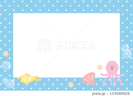 Pastel blue polka dot frame with fish and octupus for under the sea template, aquarium, ocean, animal, zoo, souvenir shop, polaroid photo, post card, vacation poster, sticky note, memo note, notepads 133080926