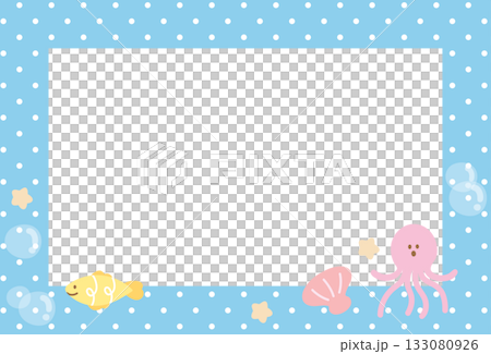 Pastel blue polka dot frame with fish and octupus for under the sea template, aquarium, ocean, animal, zoo, souvenir shop, polaroid photo, post card, vacation poster, sticky note, memo note, notepads 133080926